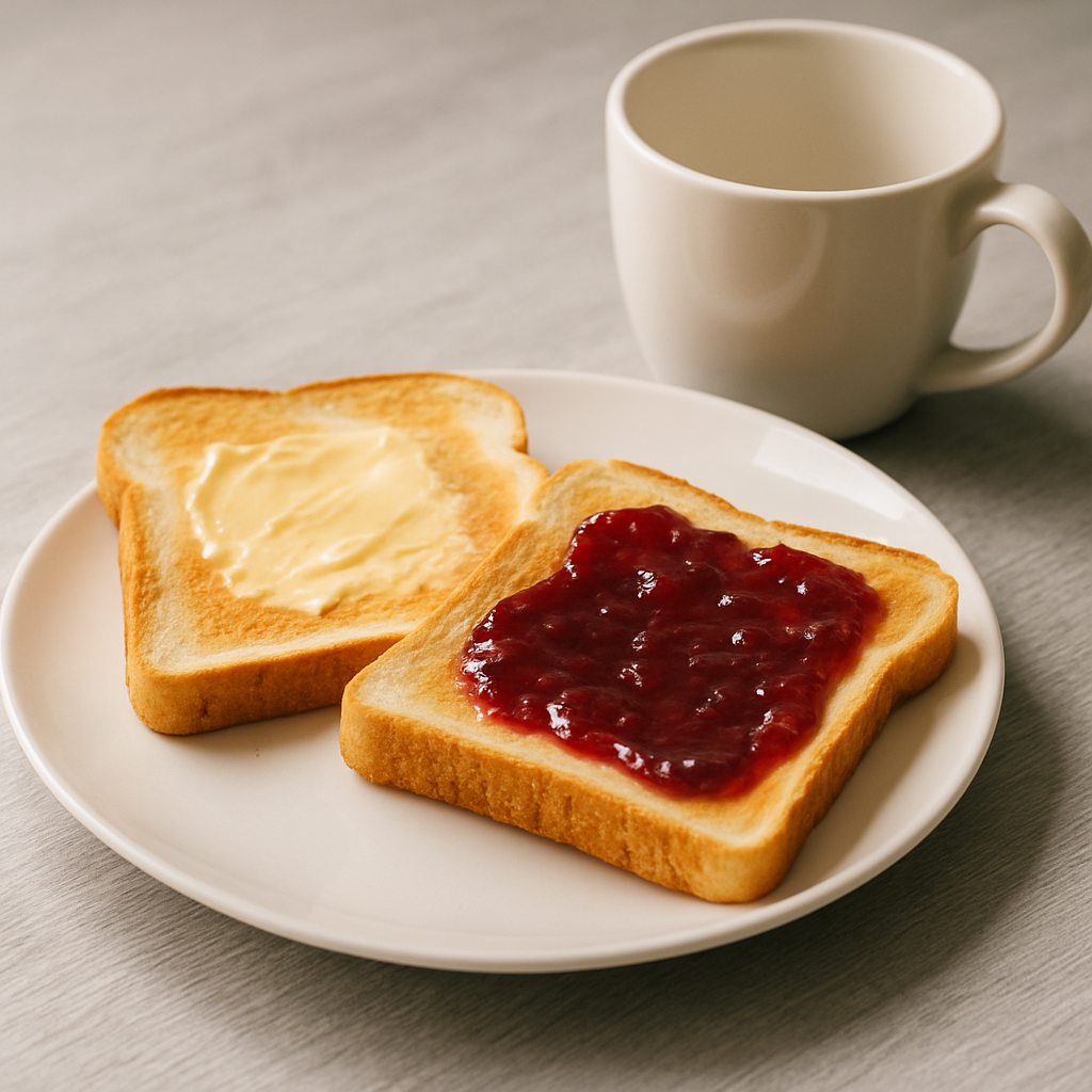 White bread toast with jam as a low-fiber breakfast
