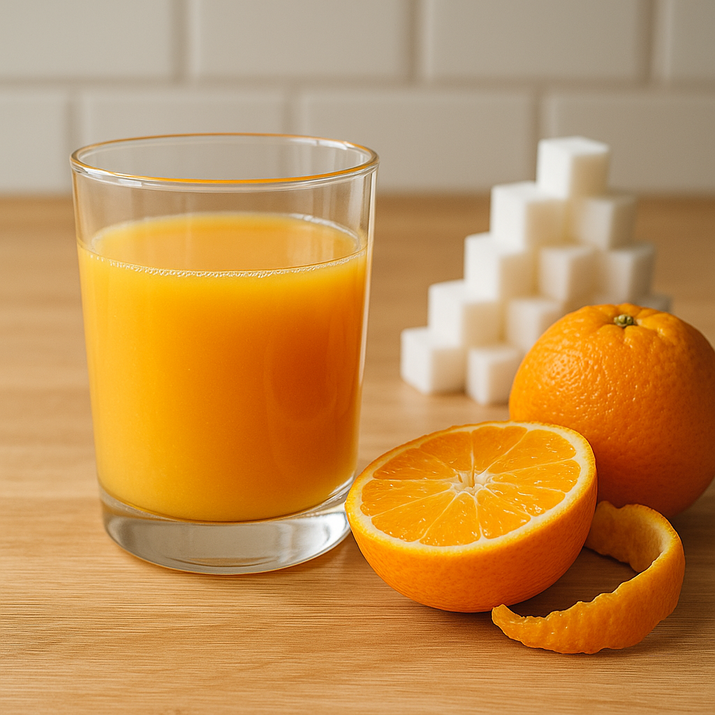 An orange juice glass showing a high-sugar breakfast mistake