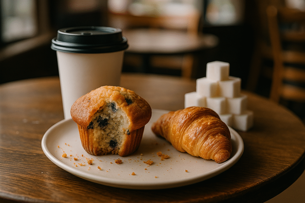 Pastries like muffin and croissant making breakfast bloated