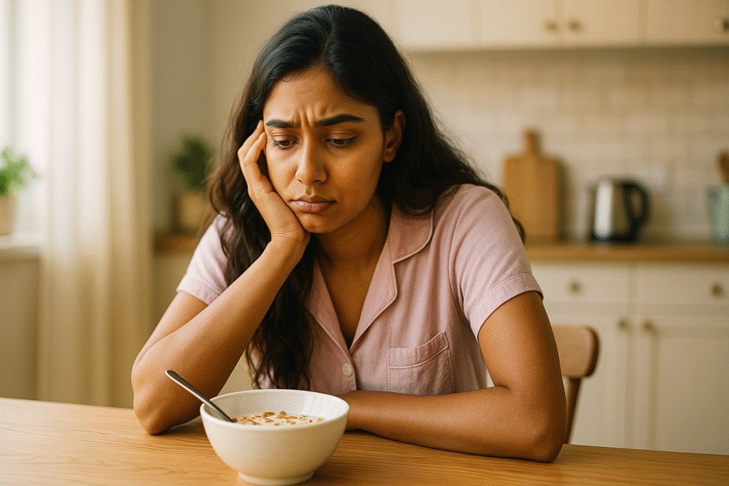 A tired woman looking at her cereal bowl during breakfast