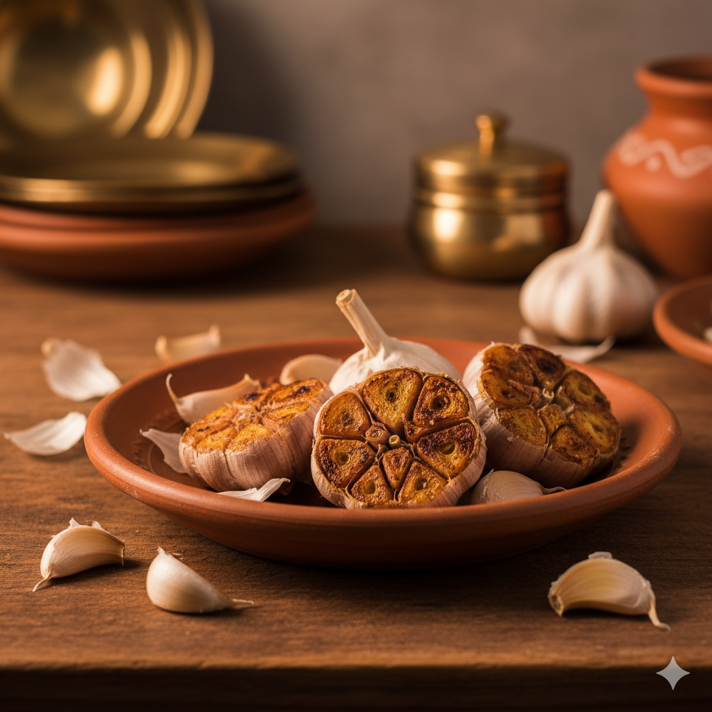 Roasted garlic bulbs and raw cloves, known as natural antibiotics for boosting immunity.