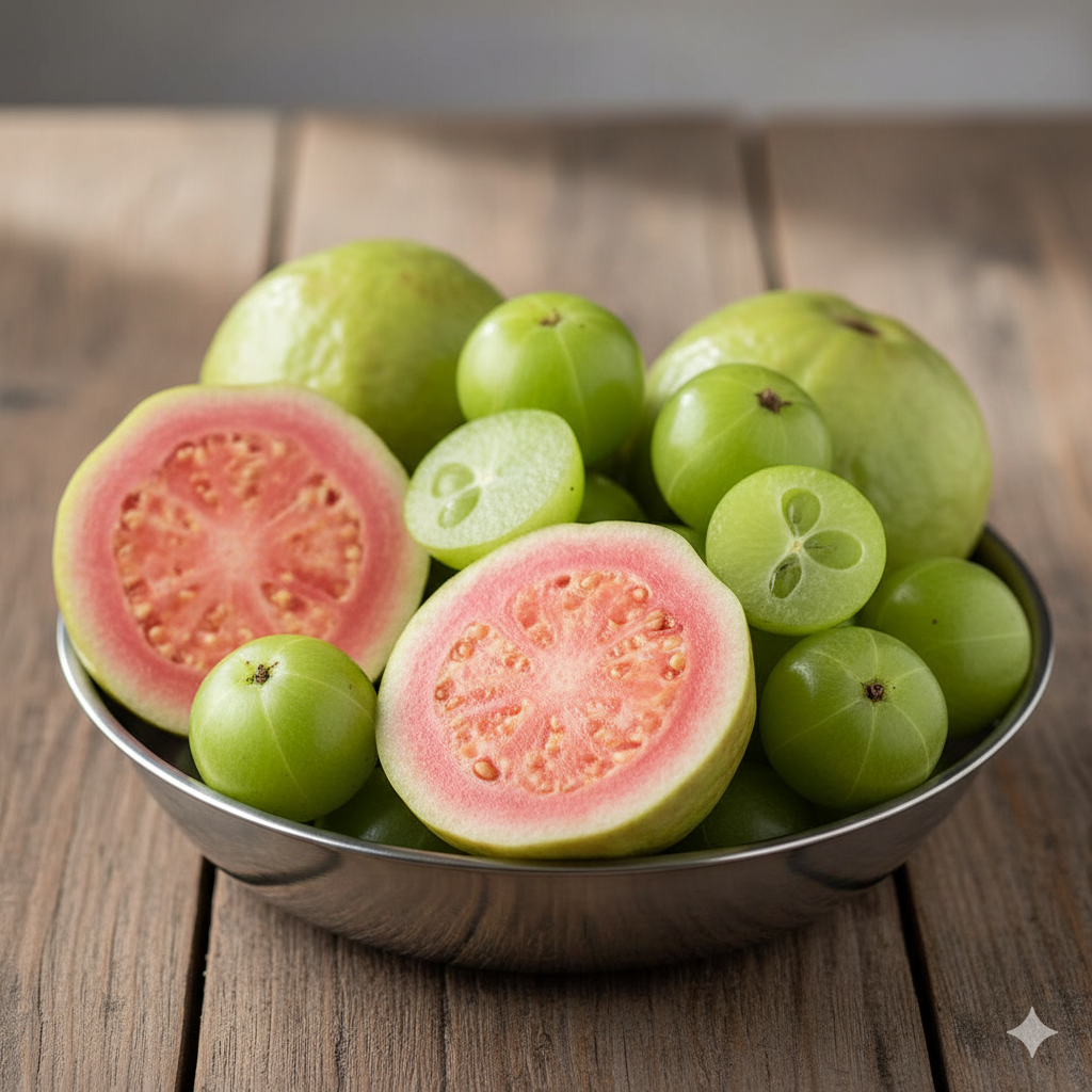 Fresh guava slices and Indian gooseberries (amla) rich in Vitamin C for winter immunity.