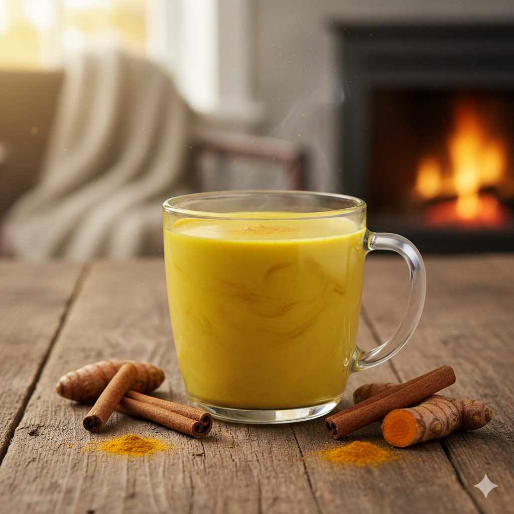 A glass of golden turmeric milk (haldi doodh) with cinnamon and turmeric roots.