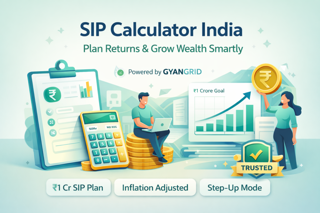 Online SIP calculator India showing monthly investment returns, ₹1 crore plan, inflation adjusted growth chart and mutual fund planning tool